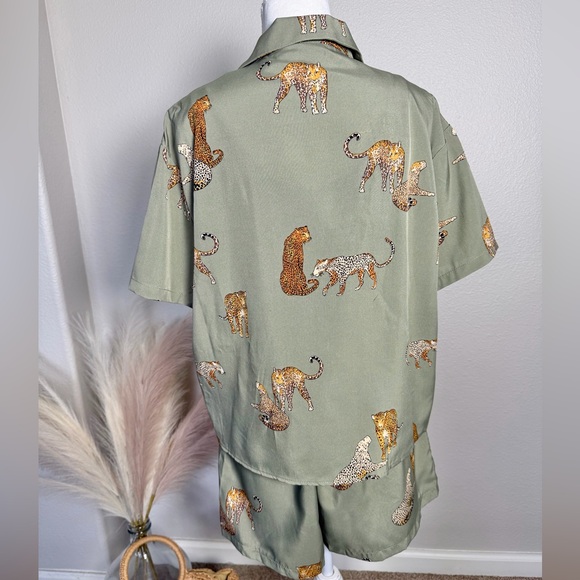 Green Animal Print Button Up and Short Set - Picture 7 of 12